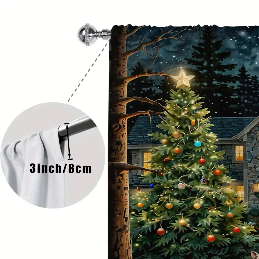 Cozy Christmas Night Forest Scene Curtain with Glowing Tree and Deer Woodland Holiday Decor Window Curtain