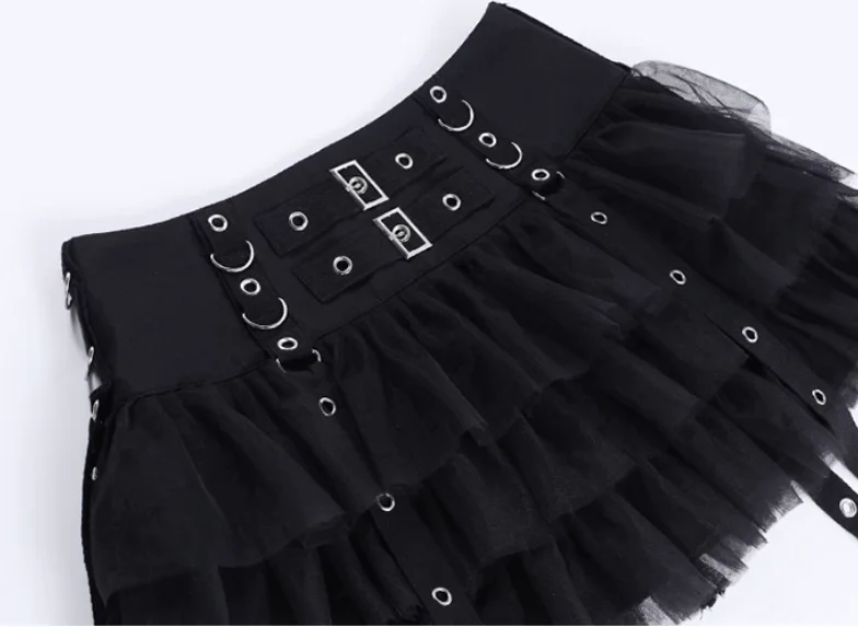 Summer Personalized Gothic Lace-up Gauze Cake Skirt Sexy Sweet Cool Girl High Waist A-line Versatile Subculture Black Skirts