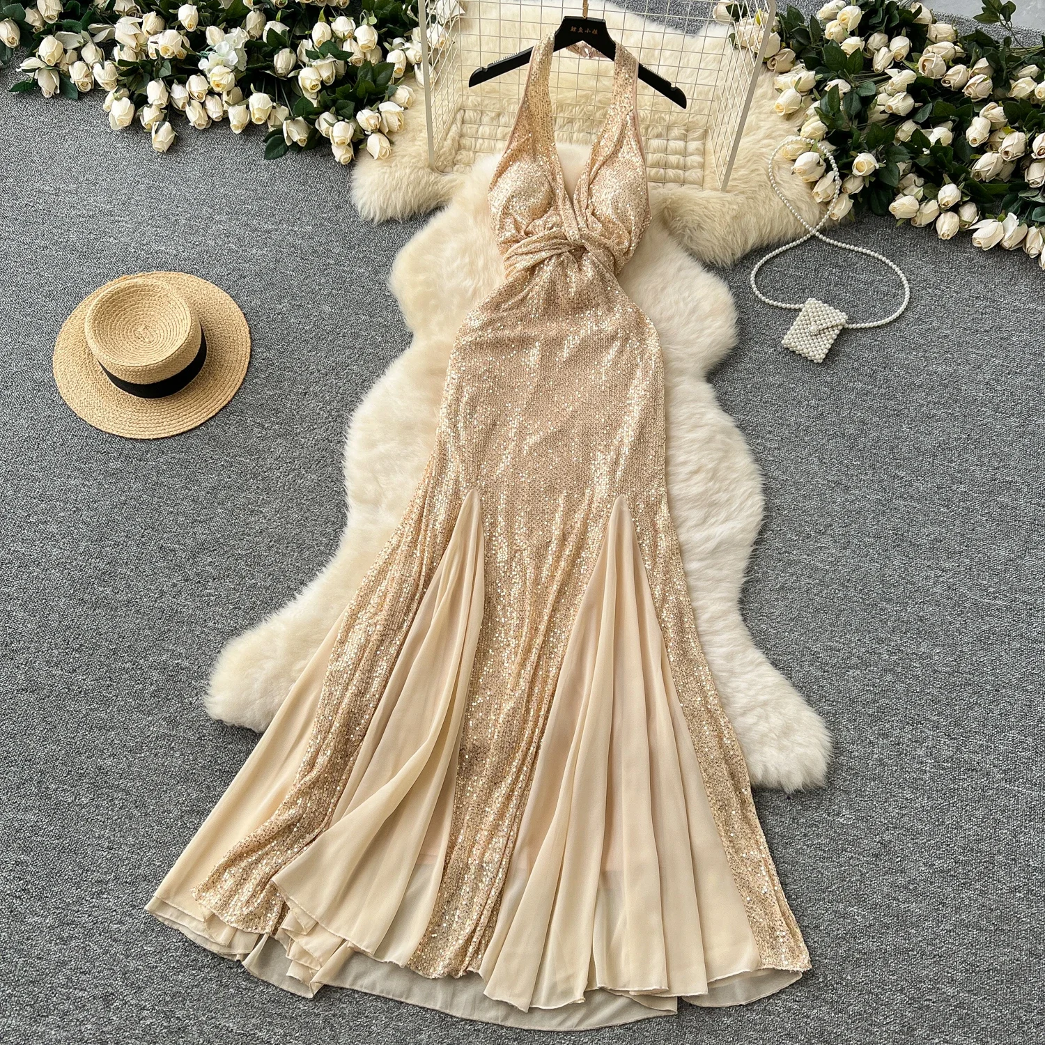 Elegant Sleeveless Vintage Halter V-neck Sexy Backless Sequin Bandage Slim Mermaid Long Dresses Evening High Street Clothing