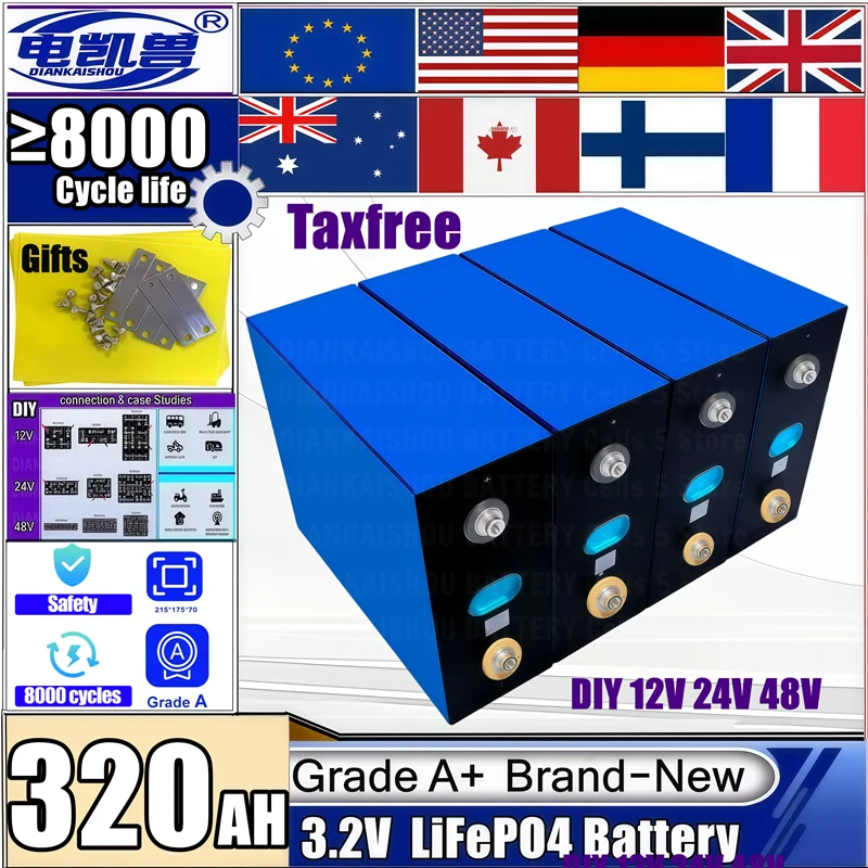 

LiFePO4 Grade A 320Ah Battery 8000 cycle 3.2V Lithium iron phosphate Rechargeable Cell For DIY 12V 24V 48V RV Solar Camping