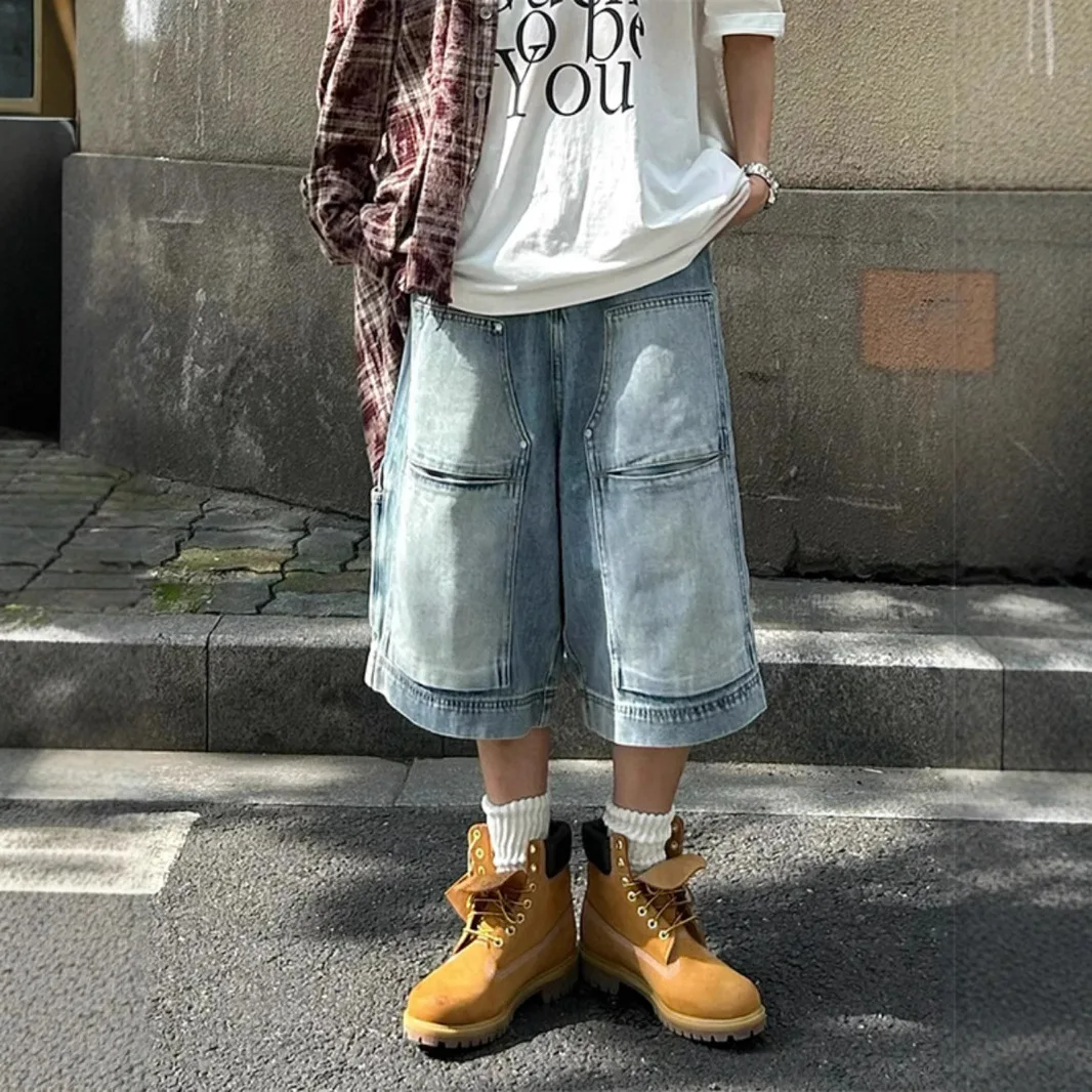 2026 American New Fashion Vintage Men's Light Blue Casual Simple Basic Trendy Loose Knee Length Denim Trousers Male Jeans Shorts