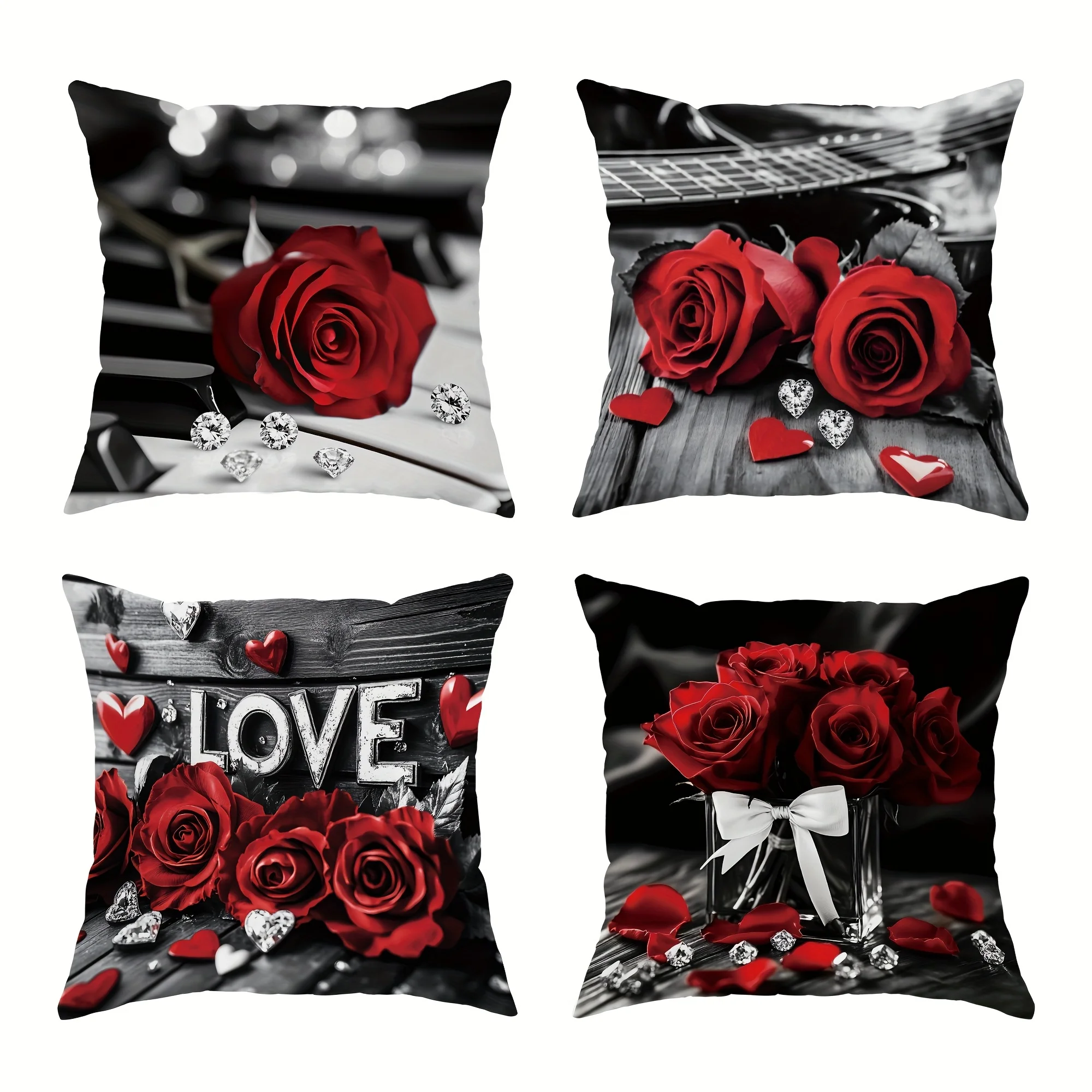 4 Pcs Romantic Red & Black Rose Floral Pillow Covers – Soft Decorative Cushion Covers for Living Room Sofa & Home Decor