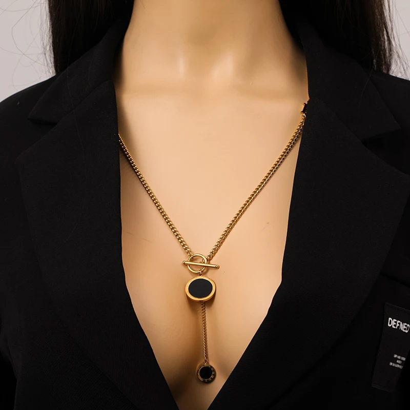 EILIECK 316L Stainless Steel Round Black Long Pendant Necklace For Women Fashion Waterproof Neck Chain Jewelry Gift Bijoux