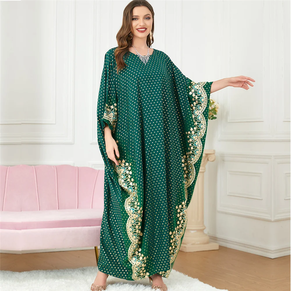 Green Polka Dot Lace Embroidered Abaya Women Muslim Loose Robe Boubou Islamic Jalabiya Arab Gown Dubai Turkey Kaftan Eid Ramadan