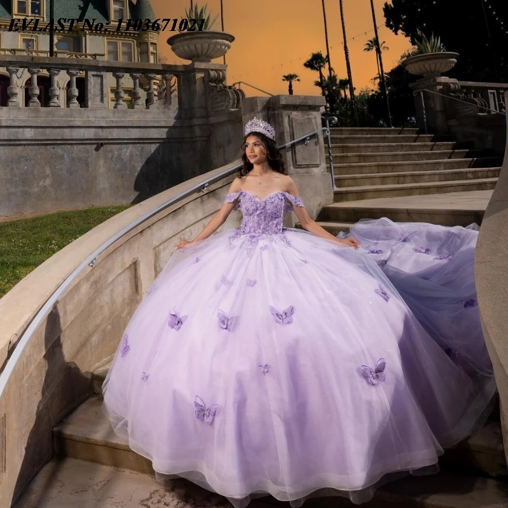 

EVLAST Customized Glitter Lilac Lavender Quinceanera Dress Ball Gown Butterfly Applique Beads Sweet 16 Vestidos De 15 Anos SQ771