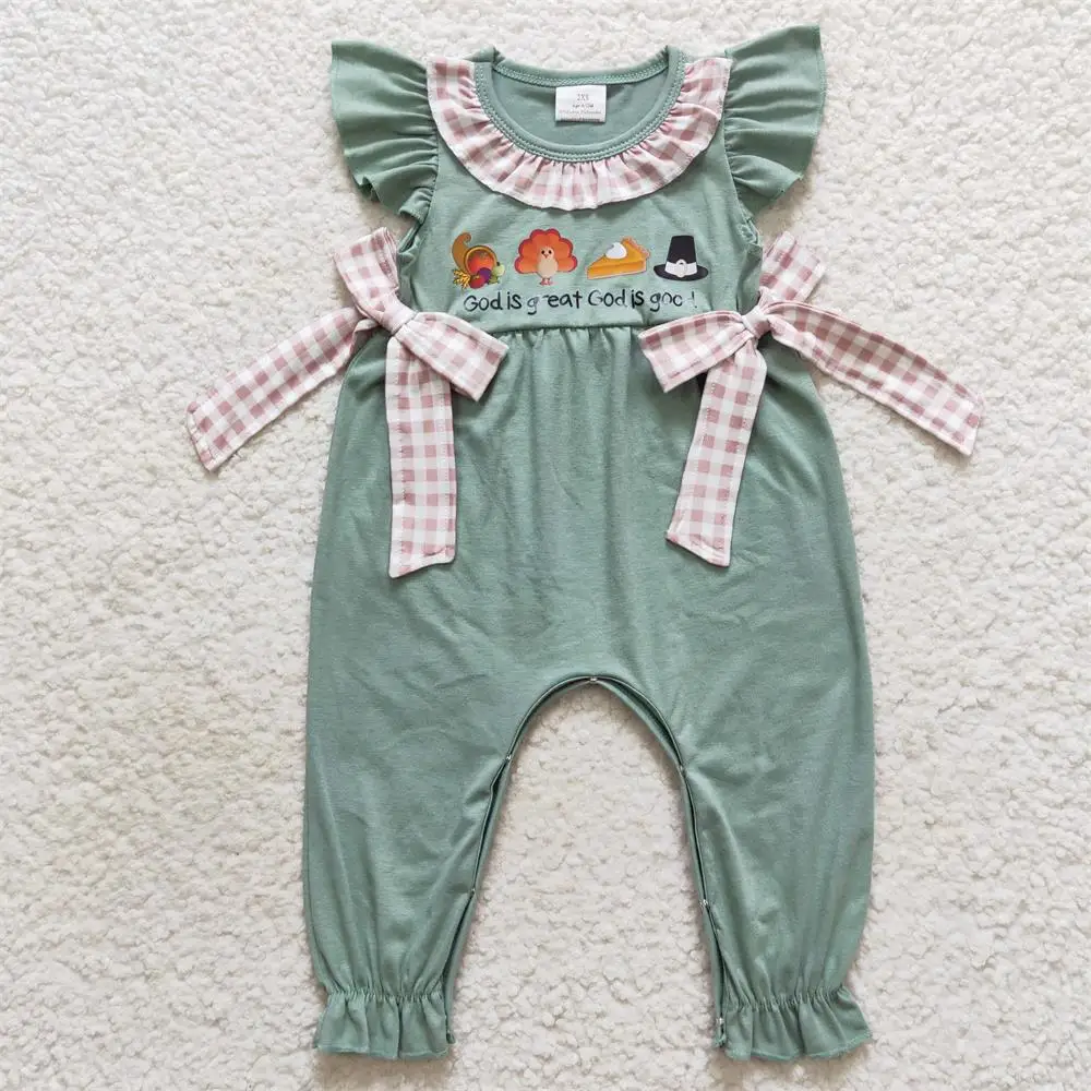 Children One-piece Kids Thanksgiving turkey Pie Green Cotton Romper Newborn Matching Boy Girl Short Sleeves Toddler Jumpsuit