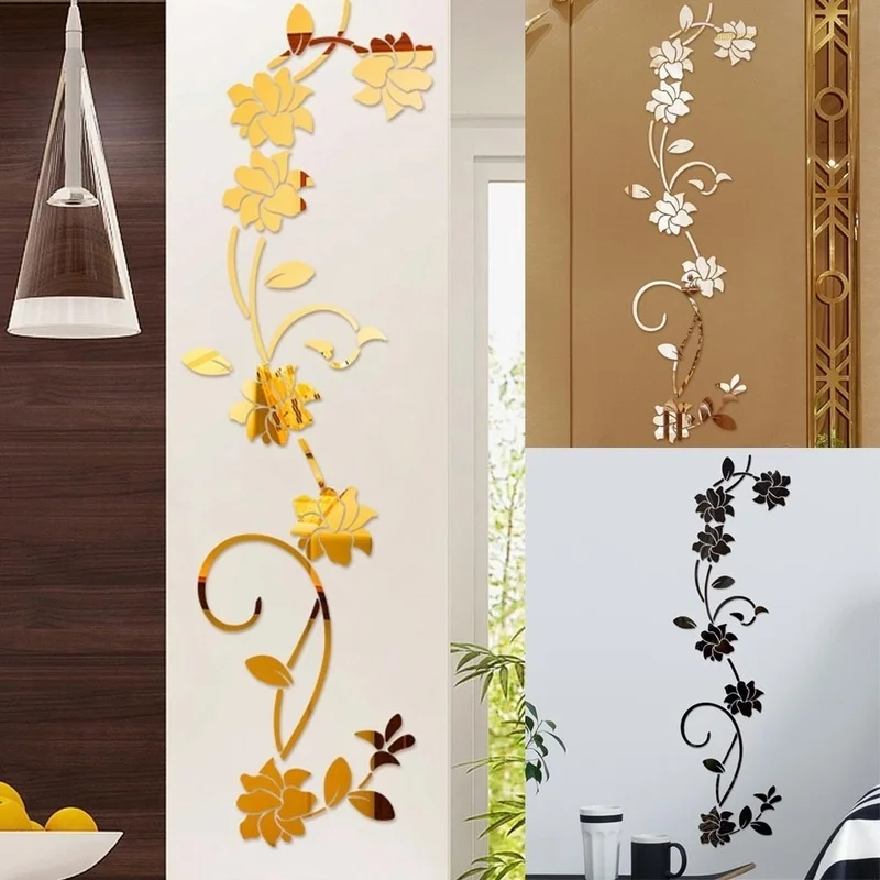 Modern 3D Flower Acrylic Wall Sticker Classic Aesthetic Romantic Home Decor Black Gold Silver Color Wall Art Decal Indoor Decor