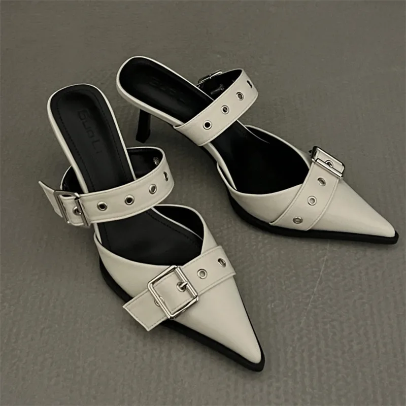 Punk Goth Metal Buckle High Heels Sandals Women Summer Pointed Toe Silver Party Shoes Woman Korean Style Thin Heels Sandals