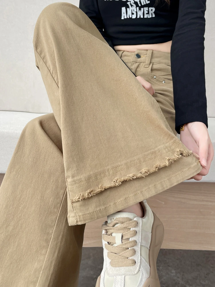 

Женские однотонные джинсы в стиле ретро на осень и зиму, новинка 2024, облегающие универсальные расклешенные брюки с высокой талией и дизайном