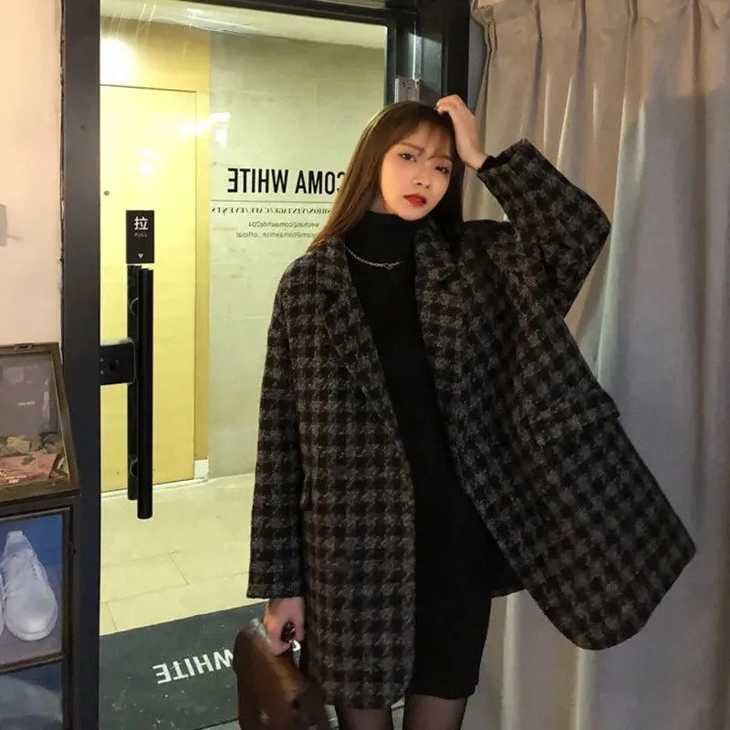 

Woolen Coat Women Jacket Autumn Winter Check Belted Elegant Loose Turn-down Collar Simple Chic Basic Oversize Single-breasted