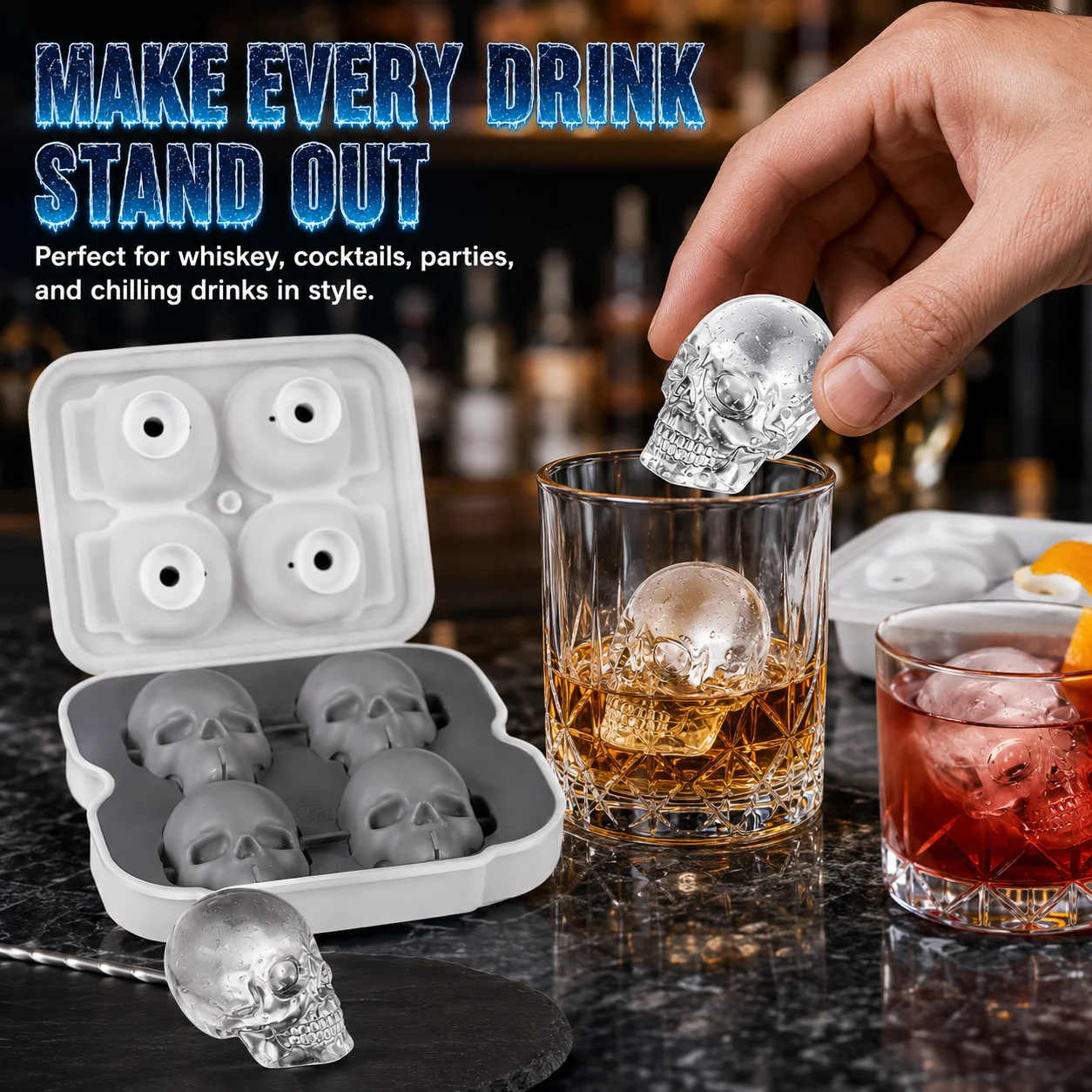 4/6 Cavity Large Skull Ice Cube Maker Silicone Whiskey Ice Tray Slow Melting Ice Cube Mold For Halloween Bar Drinks Accessories - view 3