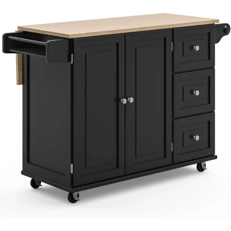 Kitchen Cart with Wood Top and Drop Leaf Breakfast Bar, Rolling Mobile Kitchen Island