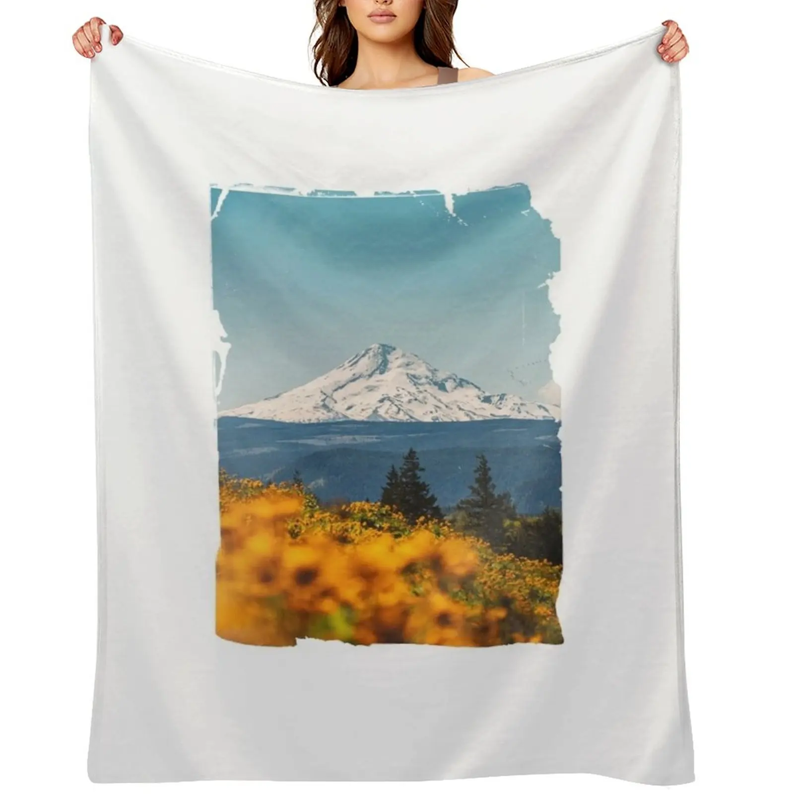 Manta vintage con diseño de Monte Hood de Columbia River Gorge con girasoles, para sofá cama, saco de dormir, mantas para bebé