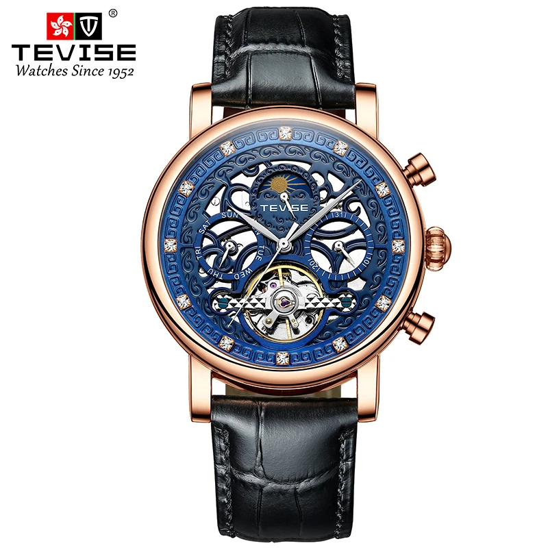 TEVISE Mechanical Watch Men's Skeleton Watch Leather Strap Automatic Wristwatch Business Watch Waterproof