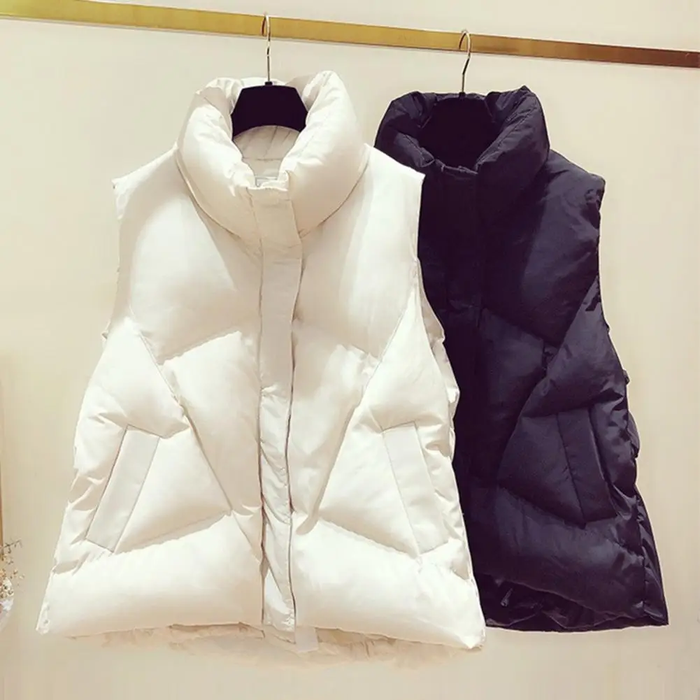 Women Sleeveless Side Pockets Unique Cutting Zipper Buttons Fly Loose Vest Jacket Solid Color Winter Down Puffer Vest Outerwear