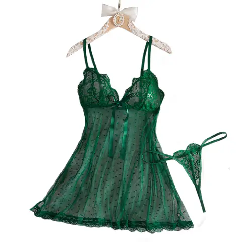 Sexy Nightgown Set See Through Polka Dot Print Lace Backless Nightgown Babydolls Sexy Women's Pajama Erotic Dress