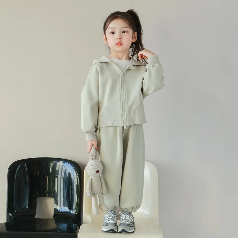 Childrens Sets Girl Hooded Sweater Sports Pants Spring Autumn New Baby Long Sleeves Loose Coat Solid Color Two Pieces 2024