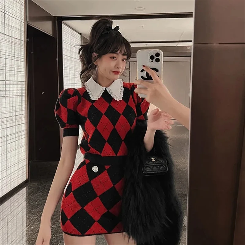 Summer Knitted Plaid Two Piece Sets Women Sexy Elegant Puff Short Sleeve Crop Tops and Mini Slim Skirts Outfits Korean Y2k Suit