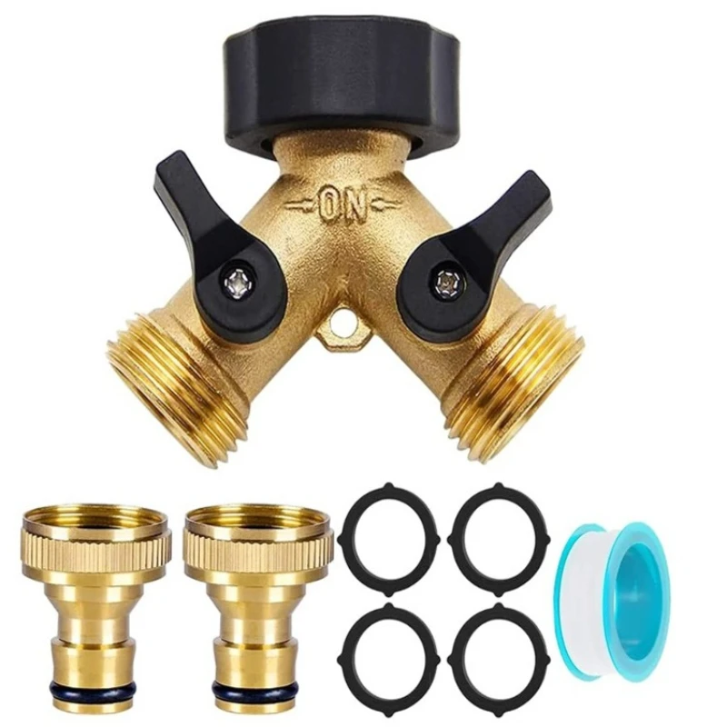 Garden Hose Splitter Heavy Duty 2 Way Solid Brass Water Hose Y Splitter 2 Valves with 4 Extra Rubber Washers