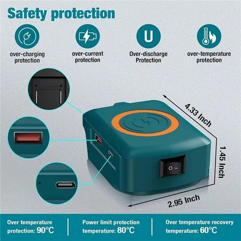 Adaptador de carregador AB15-USB para carregamento sem fio de 18V para BL1840 BL1850 BL1860