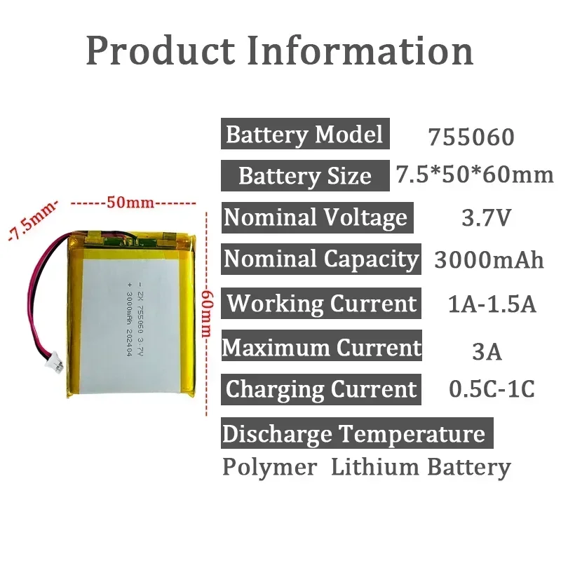 3.7V Battery Large Capacity Lithium Batteries 755060 Li-polymer Battery for Beauty Instrument Toy LED Light Digital Camera CE/KC