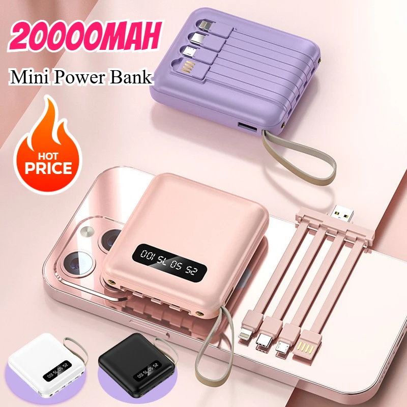 

Мини-Power Bank 20000 мАч со встроенным кабелем PowerBank с цифровым дисплеем, внешний аккумулятор, портативное зарядное устройство для IPhone, Samsung, Xiaomi