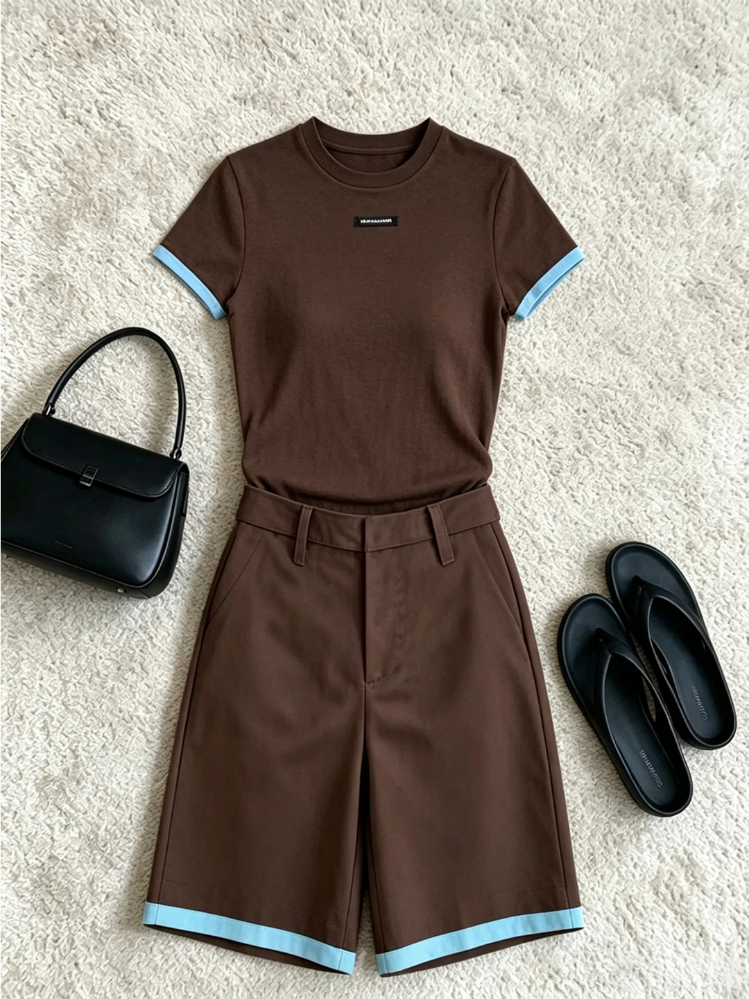 High Waist Slimming Short Shorts Set Contrast Color Simple Retro Short Sleeve Two-Piece Women's Fashion plus Size Korean Style