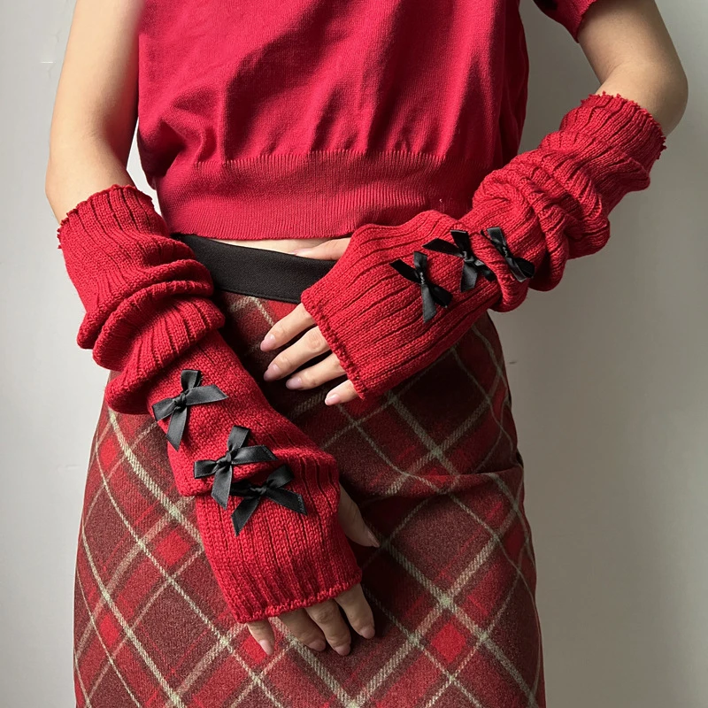 Copribraccio rosso lavorato a maglia Hip-Hop maniche lunghe senza dita Decorazione gomito elastico Guanti con foro per il pollice Adolescenti Cosplay