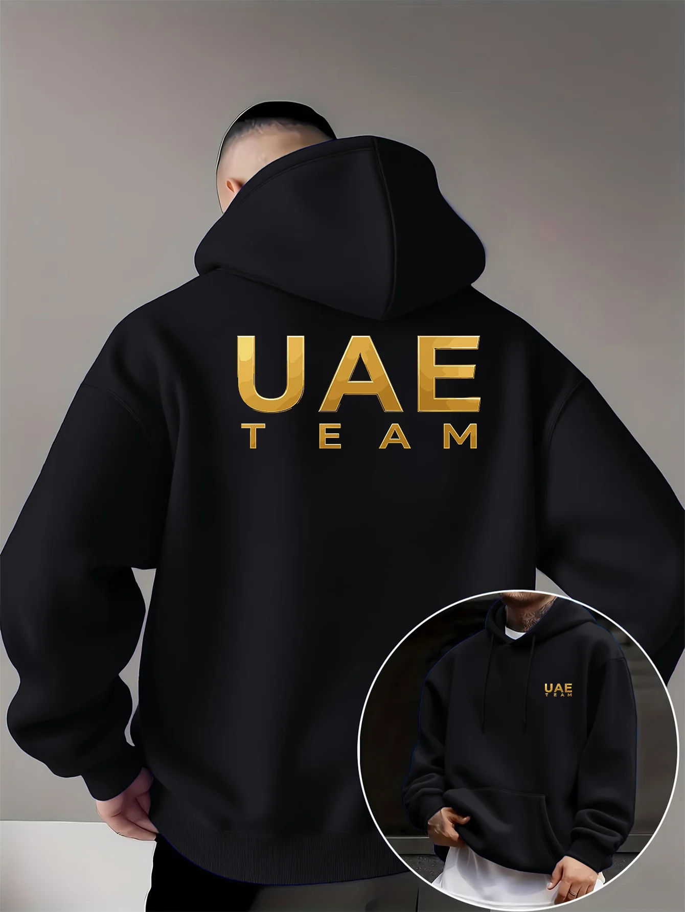 Men's UAE TEAM Logo Hooded Sweatshirt - Golden UAE TEAM Print Pullover Hoodie with, Sportinter for UAE National Team Supporters