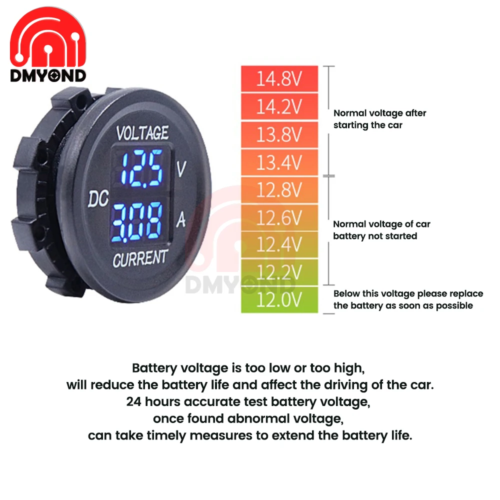 5V-48V Car Mini Waterproof Dual Voltage Meter 3-Digit Round LED Panel Digital Voltmeter Ammeter Tester Monitor Display Voltmeter