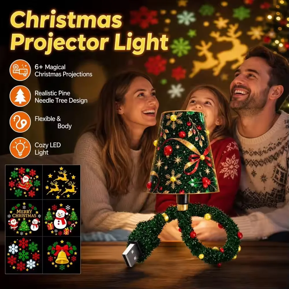 新しいクリスマスプロジェクターライト。プラグを差し込むだけで使える高画質クリスマスプロジェクター。usb電源で動作し、6種類以上のクリスマス柄を投影できるナイトライト。