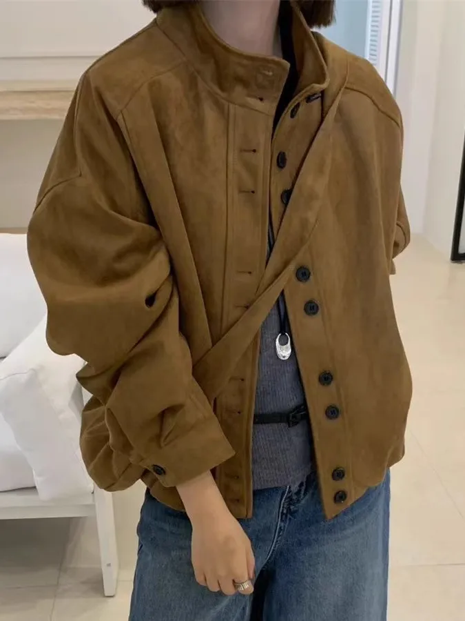 

Retro Stand Collar Single Button Suede Jaet Women's Loose Versatile Jaet Outerwear Top Matched with Bags Korean Sle