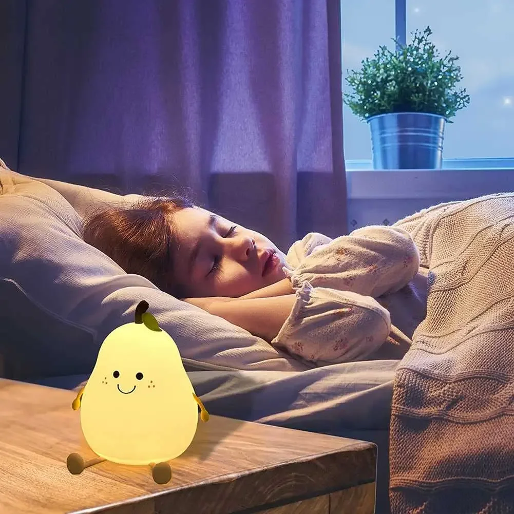 Cute Pear Silicone LED Bedroom Night Light Super Squishy Dimmable Nursery Pear Lamps USB Rechargeable Touch Control 7 Color Lamp