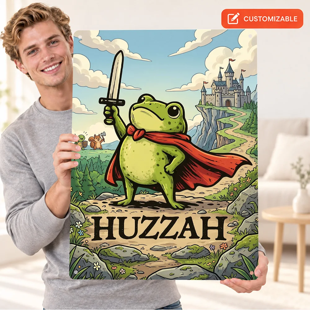 Frog Knight With Sword And Castle Huzzah Aluminum Poster Personalized Metal Sign Vector Illustration Wall Art For Home Office
