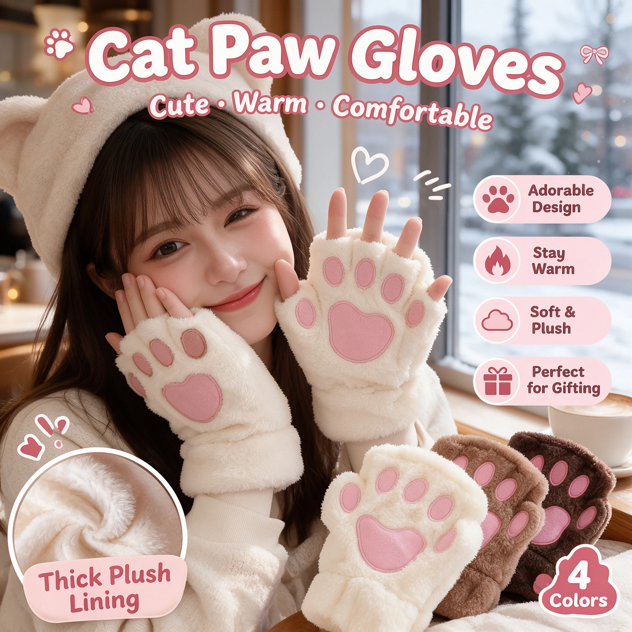 Fluffy Cat Paw Fingerless Gloves Plush Animal Design Mittens Bear Paw Style for Costume Events Casual Wear Gifts Pack Parties