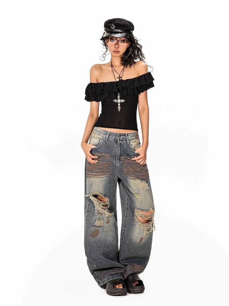 New American Retro Style Zipper Long Ripped Jeans Ladies Summer Design Wide-legged Soft Girls Mopping Trousers Women's Clothing