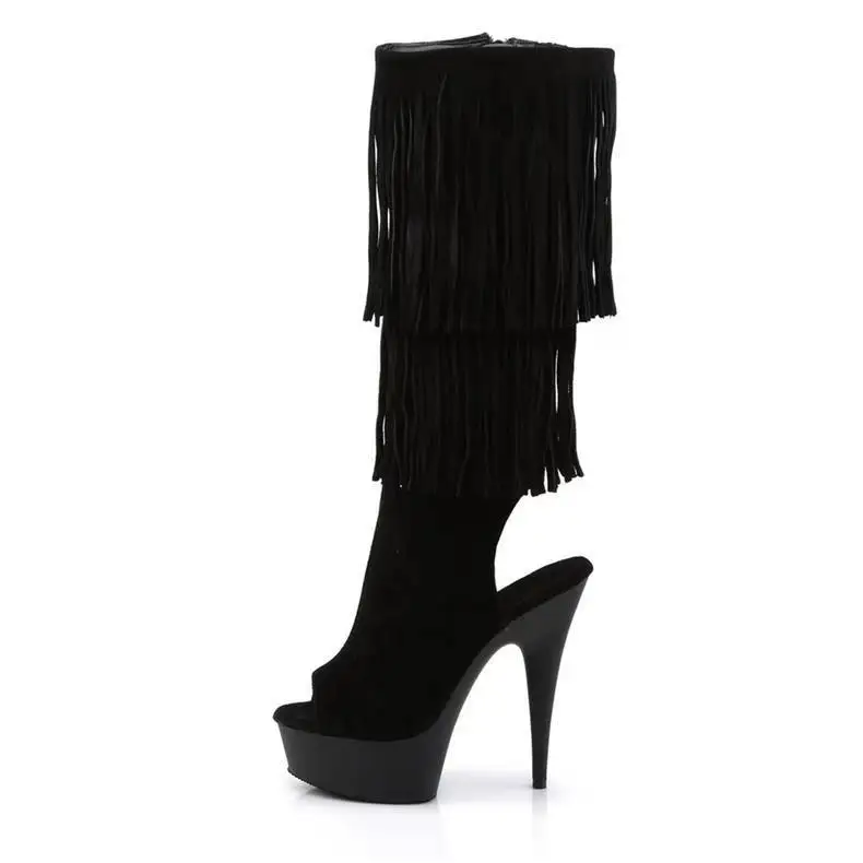 New Fashion Women Tassel Fringe Belted Long Riding Boots Over The Knee High Pointed Toe Thin Heel Side Zip Suede Peep Toe Sexy