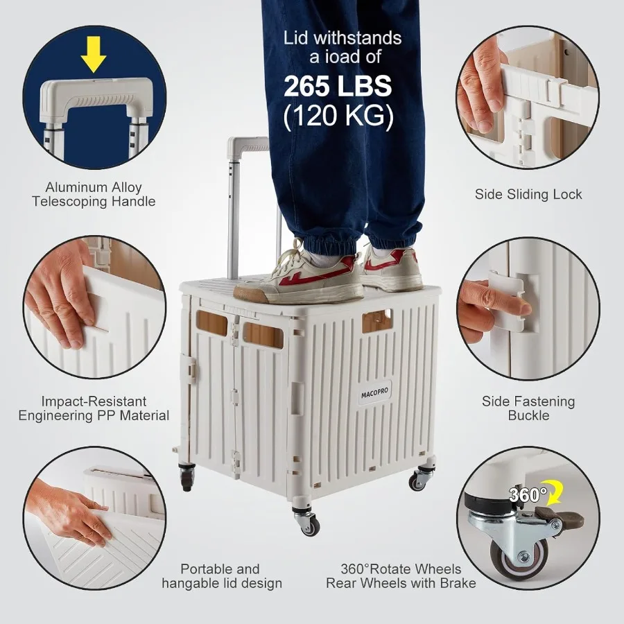 Foldable Utility Cart with Durable Heavy Duty Plastic Telescoping Handle and 4 Rotating Wheels for Portable Travel Shopping Lug