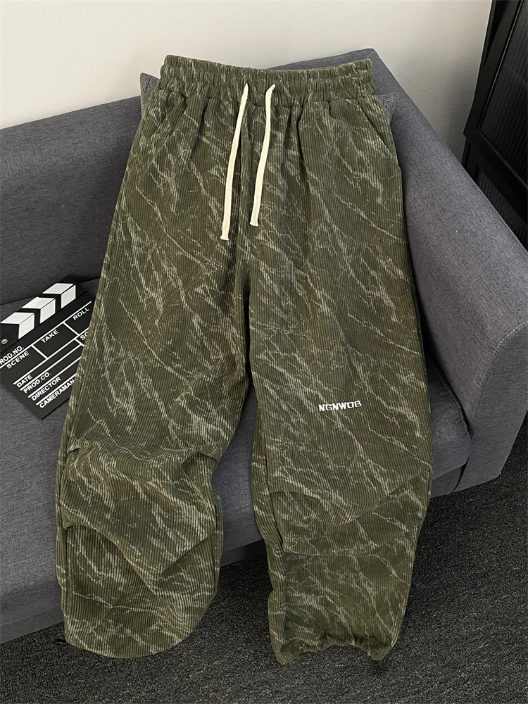 

Black Tie Dye Casual Pants Men's Spring Autumn American Retro Corduroy Loose BF Lazy Style Straight Long Pants