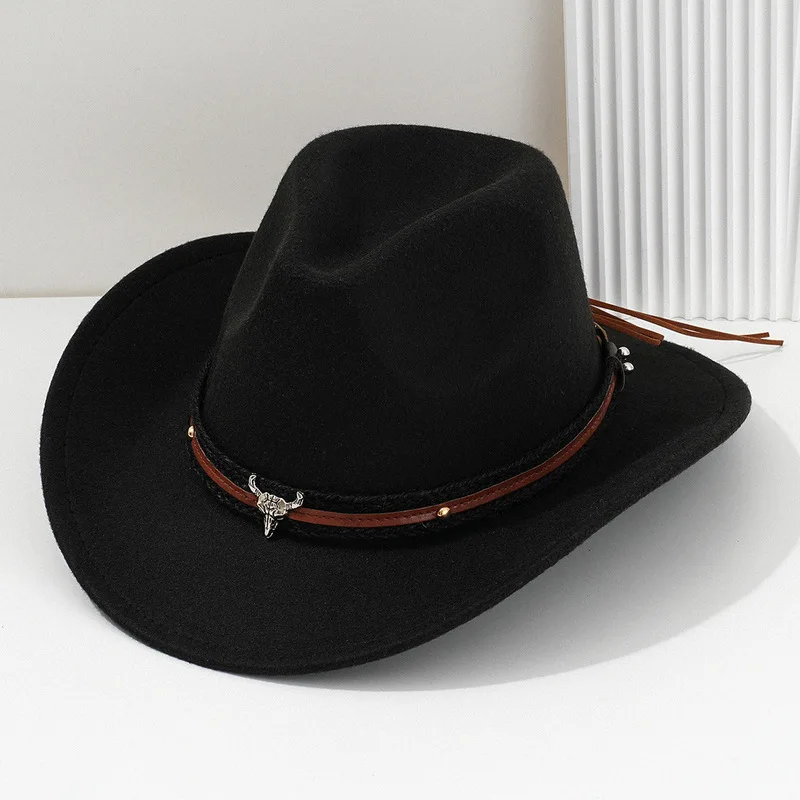 Popular men's and women's unisex felt hat with three-dimensional bull head, brown belt, luxurious British style, vintage fashion