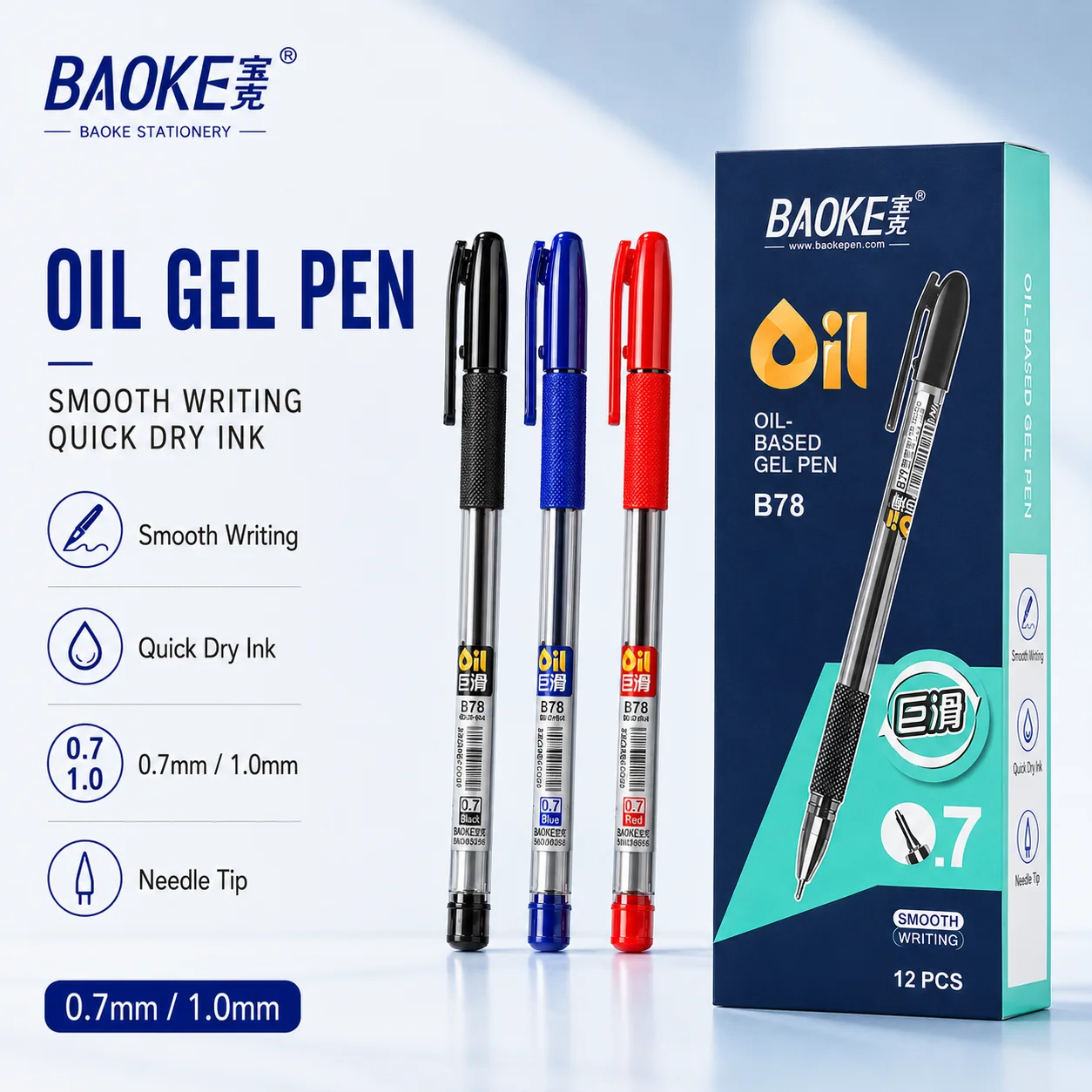BAOKE Bolígrafo de punta de aguja de 0.7mm/1.0mm a base de aceite, negro, azul, rojo, escritura suave, bolígrafo para recibos, agarre cómodo