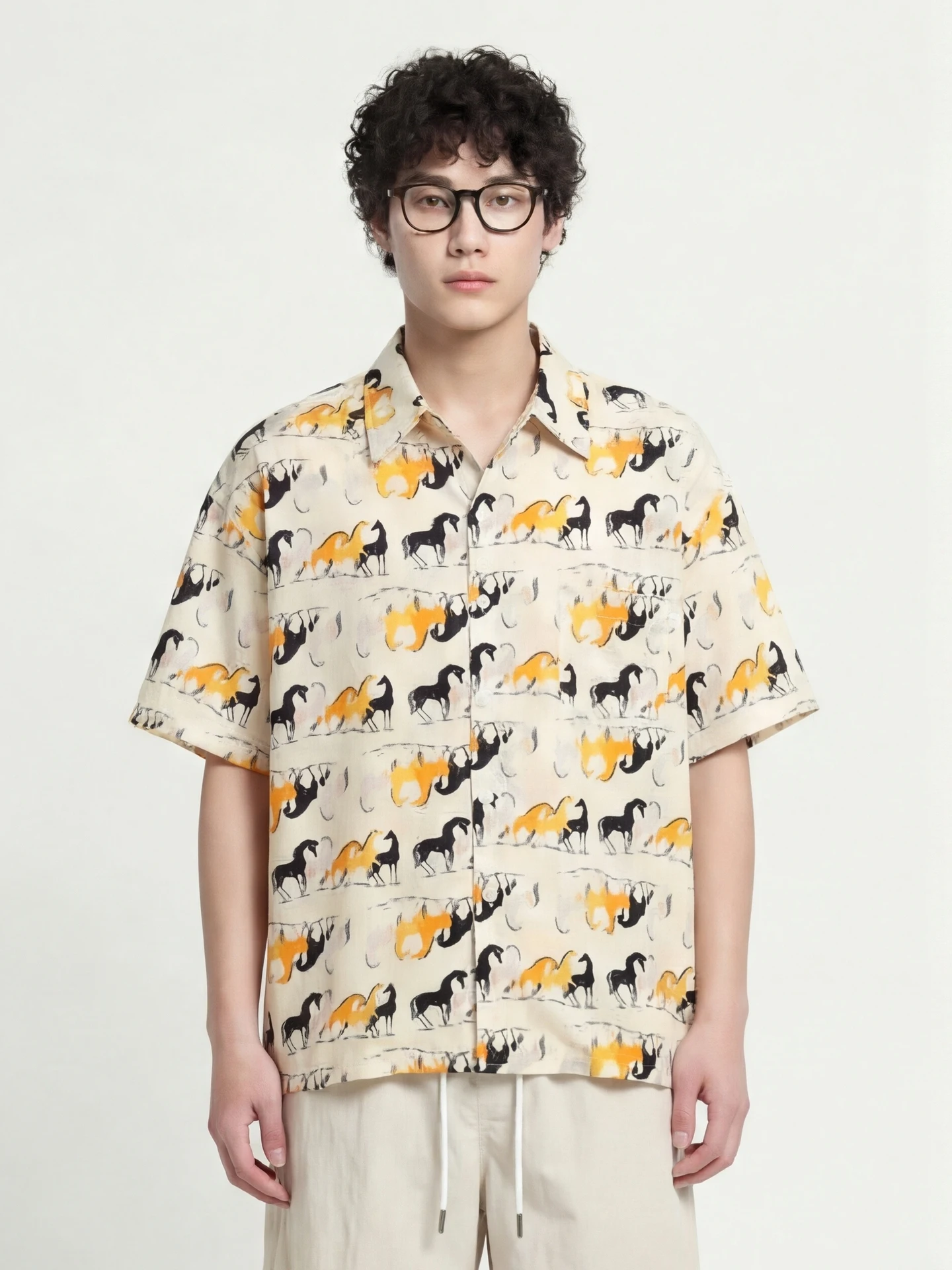 

Casual Retro Print Loose ort Sve irt ex Trendy Brand from Breathable Polyester Fiber Spring Autumn Wear