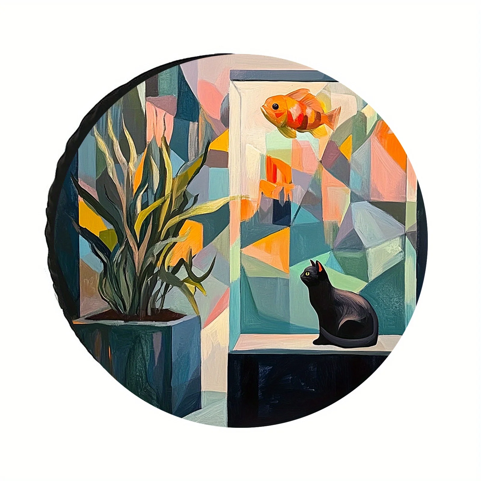 1pc UV-Resistant Abstract Cat & Fish Design Tire Cover - Vibrant Colorful Floral & Animal Print, Durable Polyester For Off-Road