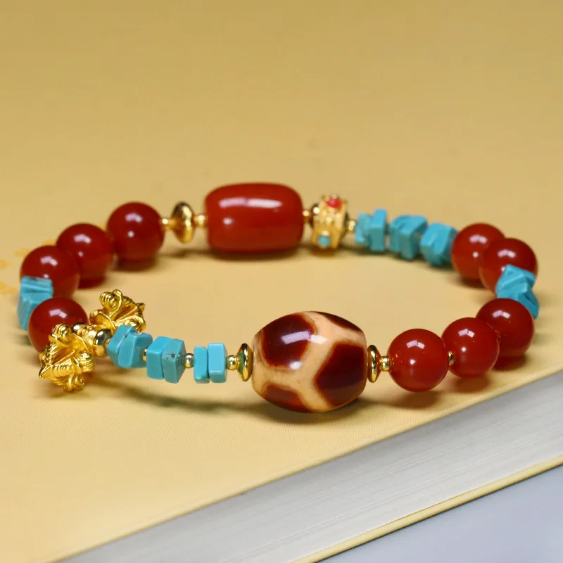 Sacred Ornaments of Wonder: Natural Tibetan Red Agate Tortoiseshell Dzi Bead Bracelet with Vintage Turquoise Magic Pestle Amulet