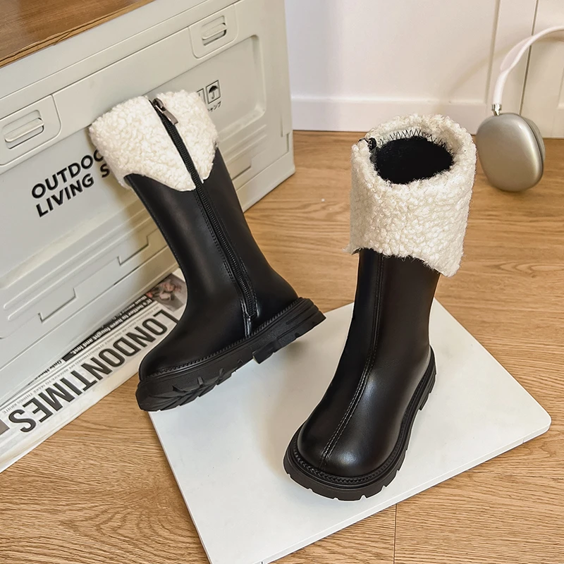 Girls Fleece Trim Tall Winter Boots, Smooth Upper Side Zip Design, Anti Slip Thick Sole Kids Footwear for Casual & Holiday Wear