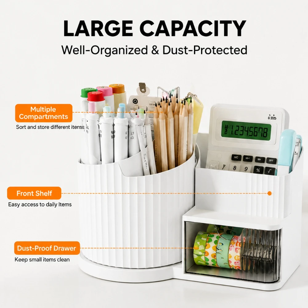 360° Rotating Pen Holder with Dust-proof Drawer Large-Capacity Spinning Cosmetics Container for Vanity Dorm Back-to-School Gifts