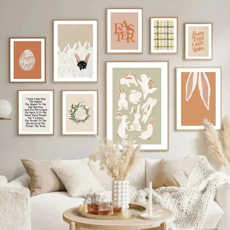 Spring Easter Egg Floral Wreath Bunny Boho Nordic Frameless Canvas Painting Prints Modern Living Room Wall Art Home Decor