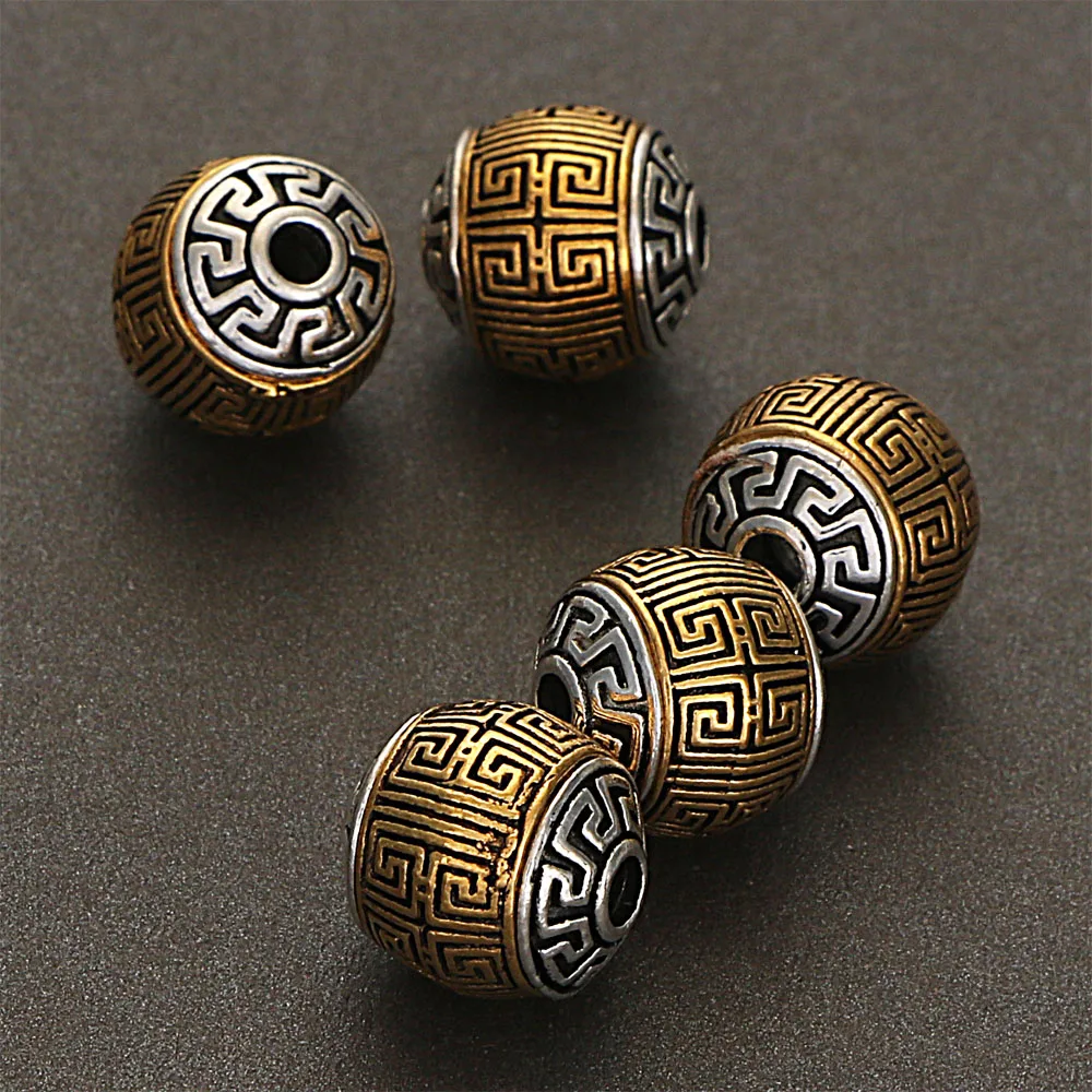 5Pcs 11x11MM Antique Golden Silver Plated Cast Metal Striped Round Spacers Beads With Chinese knot For Diy Jewelry Making