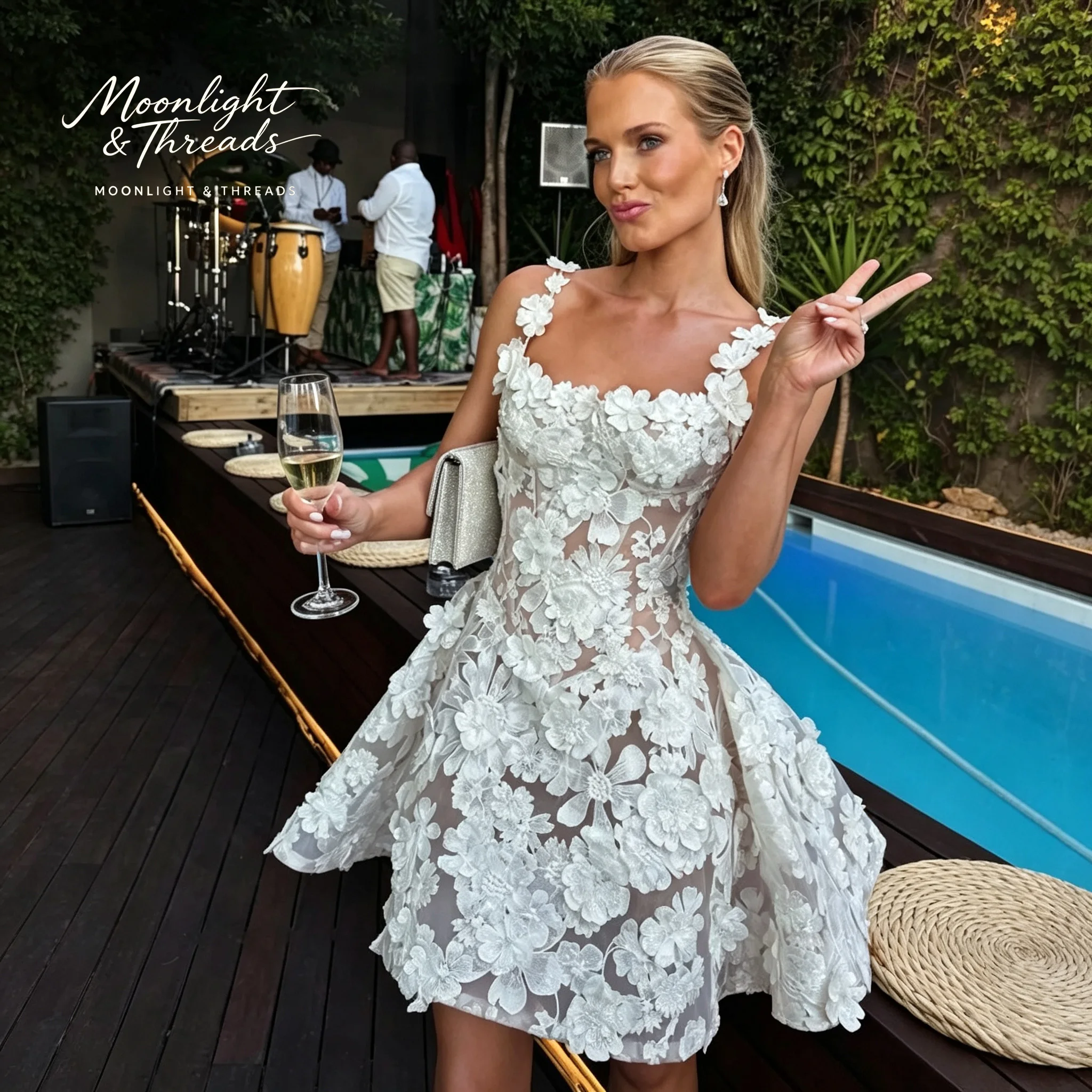 Ivory-white custom-made halter-style square-neck sleeveless floral A-line short mini wedding dress