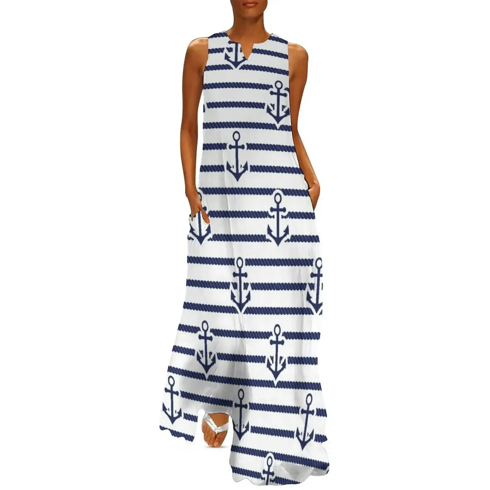 

Nautical Blue Anchor Pattern, Nautical Boat Rope Stripes Long Dress dress women summer Prom gown Dress